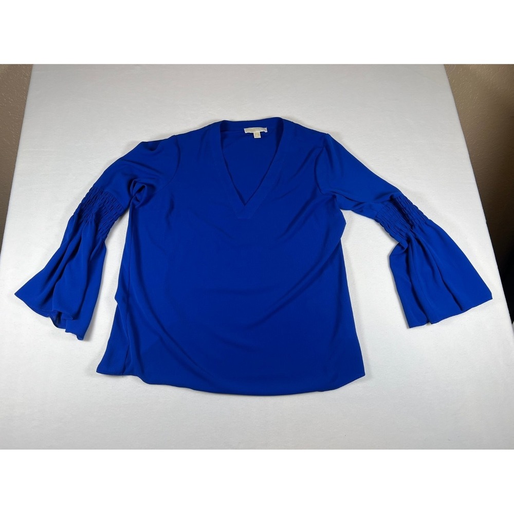 Michael Kors Blouse Womens XL Blue Tunic V-Neck Long Sleeve Smocked Logo Accent